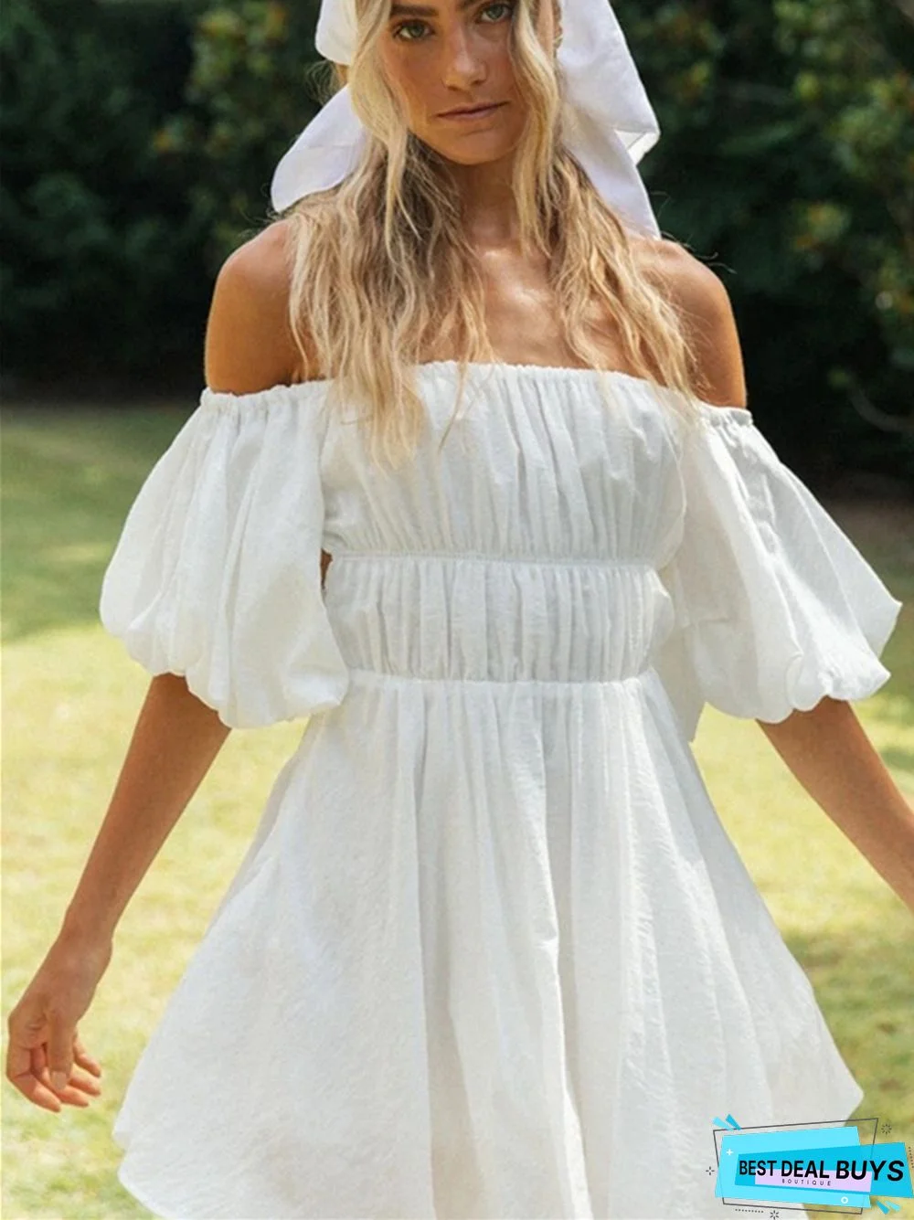 Sexy One-neck Off-the-shoulder Bubble Sleeve Elastic Waist Clear Big Swing Dress