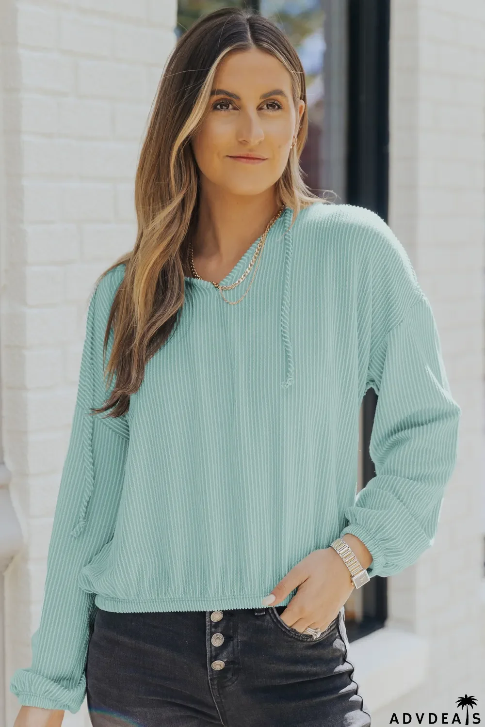 Green Loose Fit Ribbed V Neck Hoodie