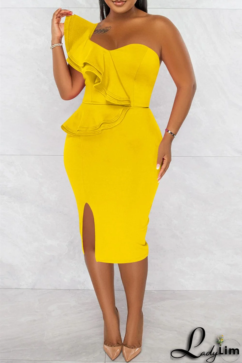 Orange Fashion Sexy Solid Patchwork Backless Slit One Shoulder Sleeveless Dress