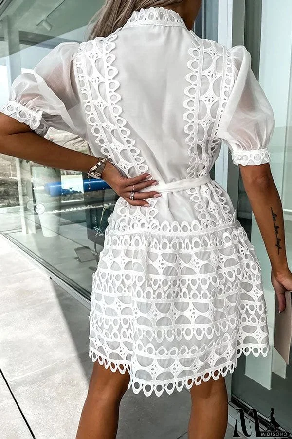 MidiSono - Crush on You Crochet Lace Bow Belt Mini Dress