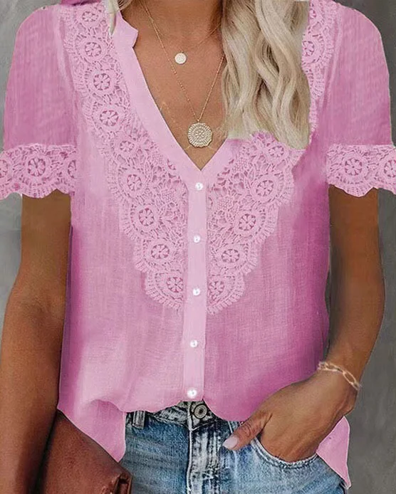 Summer Lace Stitching Short-sleeved Shirt