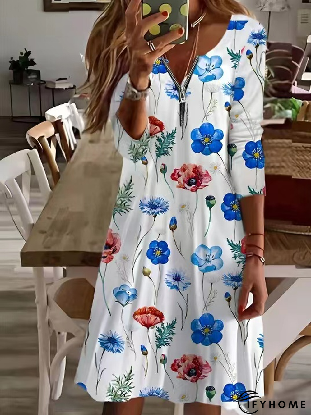 Casual Floral Zipper Regular Fit Dress | IFYHOME