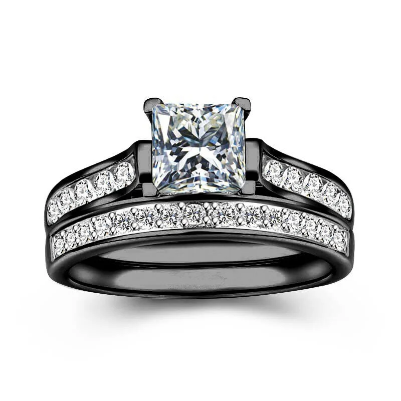 Luxury Metal Plating Black Gold Inlaid Square White Zircon Rings 2 Piece Women's Pop Party Reception Rings