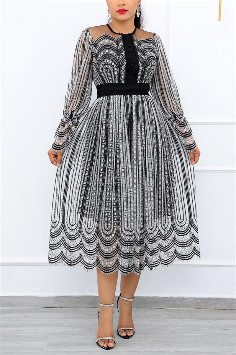 Plus Size Black and Silver Lace Patchwork Midi Dress