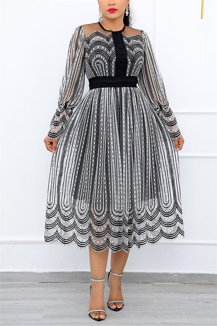 Xpluswear Plus Size Formal Black and Silver Lace Patchwork Midi Dress