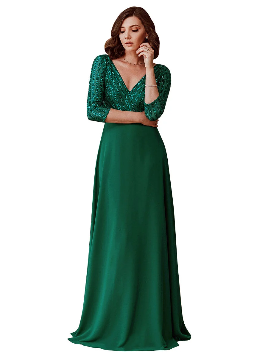 Sexy V Neck A-Line Sequin Wholesale Evening Dresses With 3/4 Sleeve