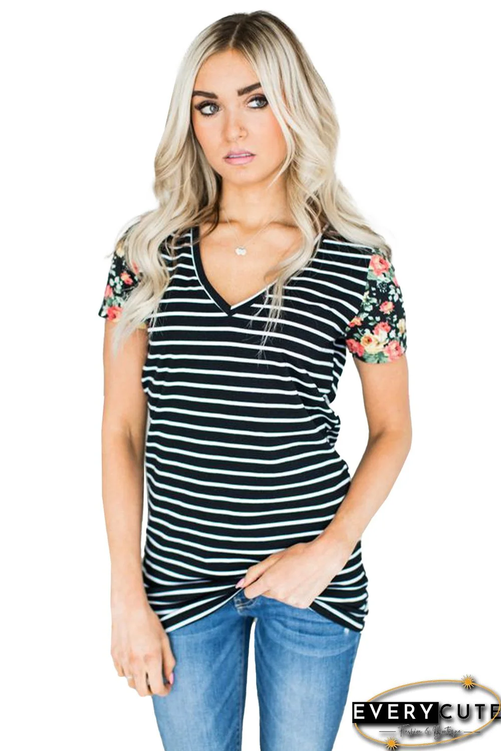 Floral Sleeves Striped T-shirt