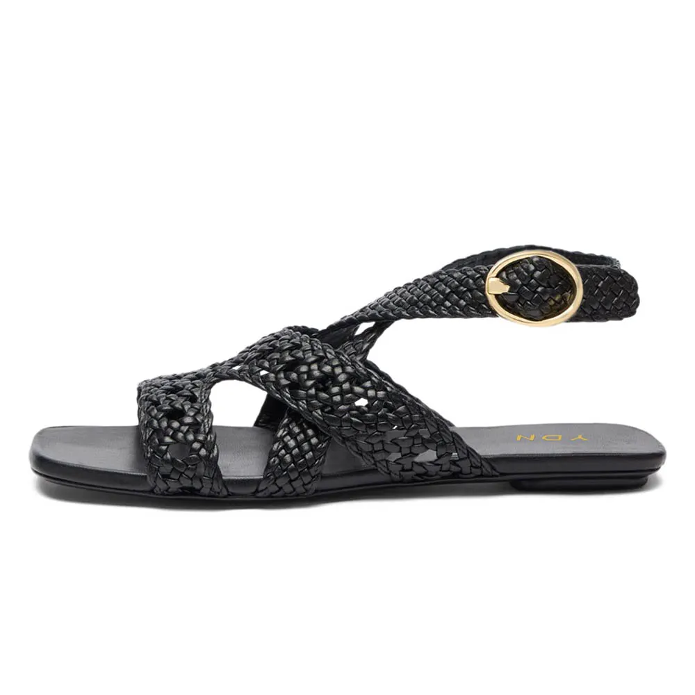 Open Square Toe Braided Strappy Flat Summer Sandals in Black