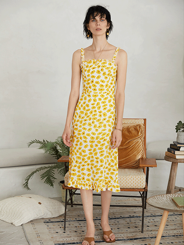 Robe en soie imprimé marguerite jaune col bateau - SOIE PLUS