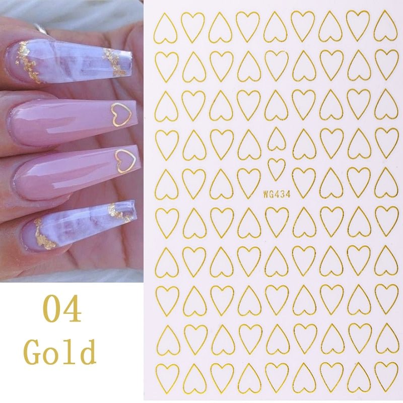 1PC Golden Heart Designs Nail Art 3D Stickers Decals Valentine's Day Black White Red Adhesive Sticker Decoration For Manicures