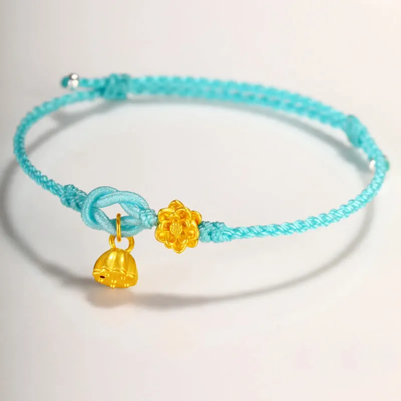 Handmade 999 Gold Lotus Flower Pod New Beginning Braid String Bracelet