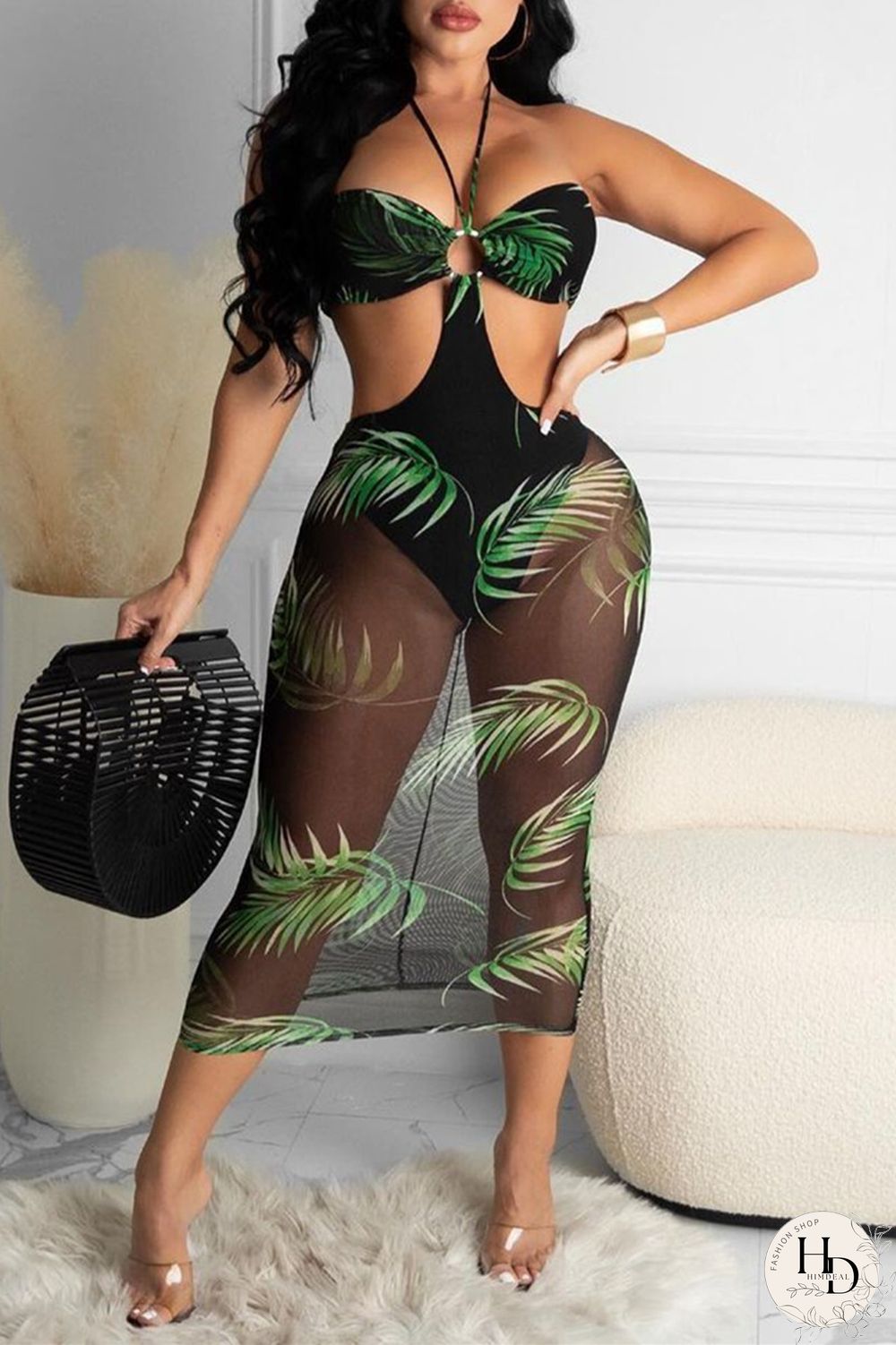 Black Fashion Sexy Print Split Joint Backless Strapless Sleeveless Dress