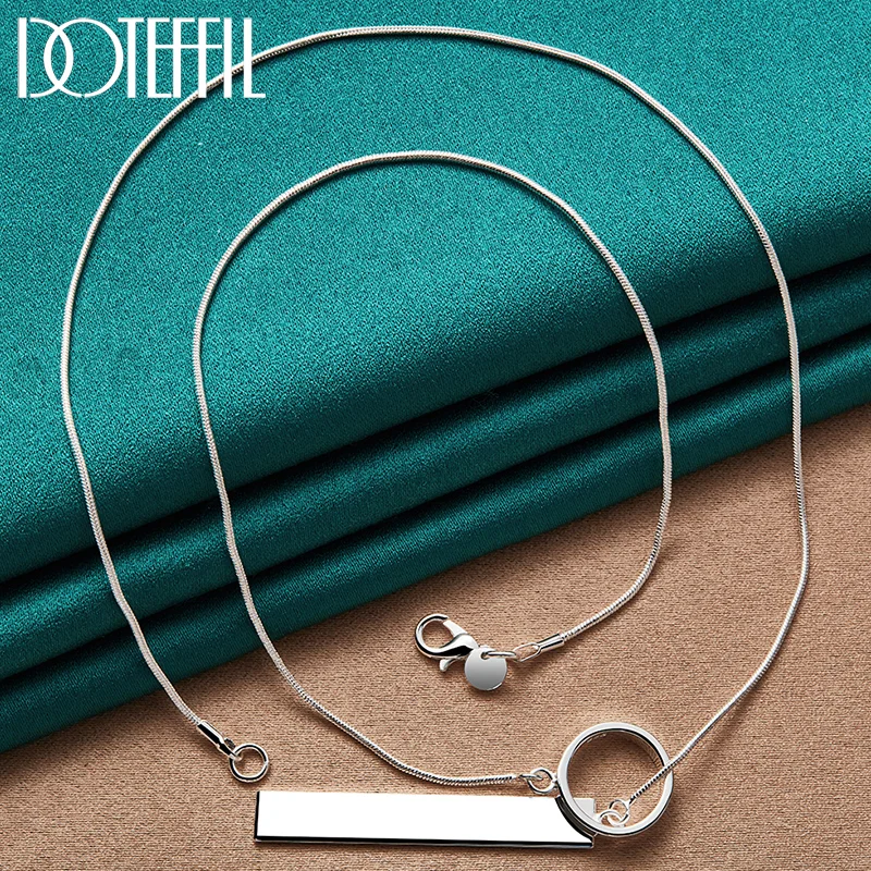DOTEFFIL 925 Sterling Silver Circle Rectangle Pendant Necklace 18 Inch Snake Chain For Man Women Jewelry