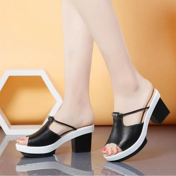 Summer Women Leather Slip On Slippers Casual Mature Square Heel Sandals | IFYHOME