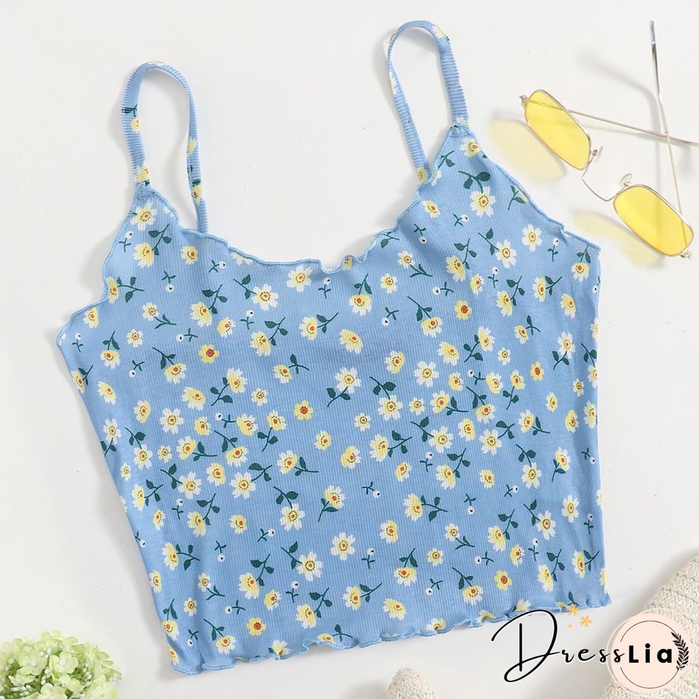 Ribbed Knit Flower Prints Cropped Cami Tops Lace Trim Tank