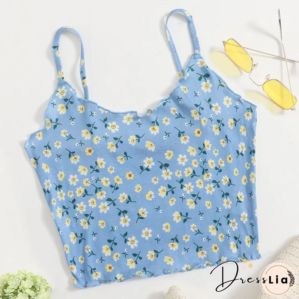 Ribbed Knit Flower Prints Cropped Cami Tops Lace Trim Tank