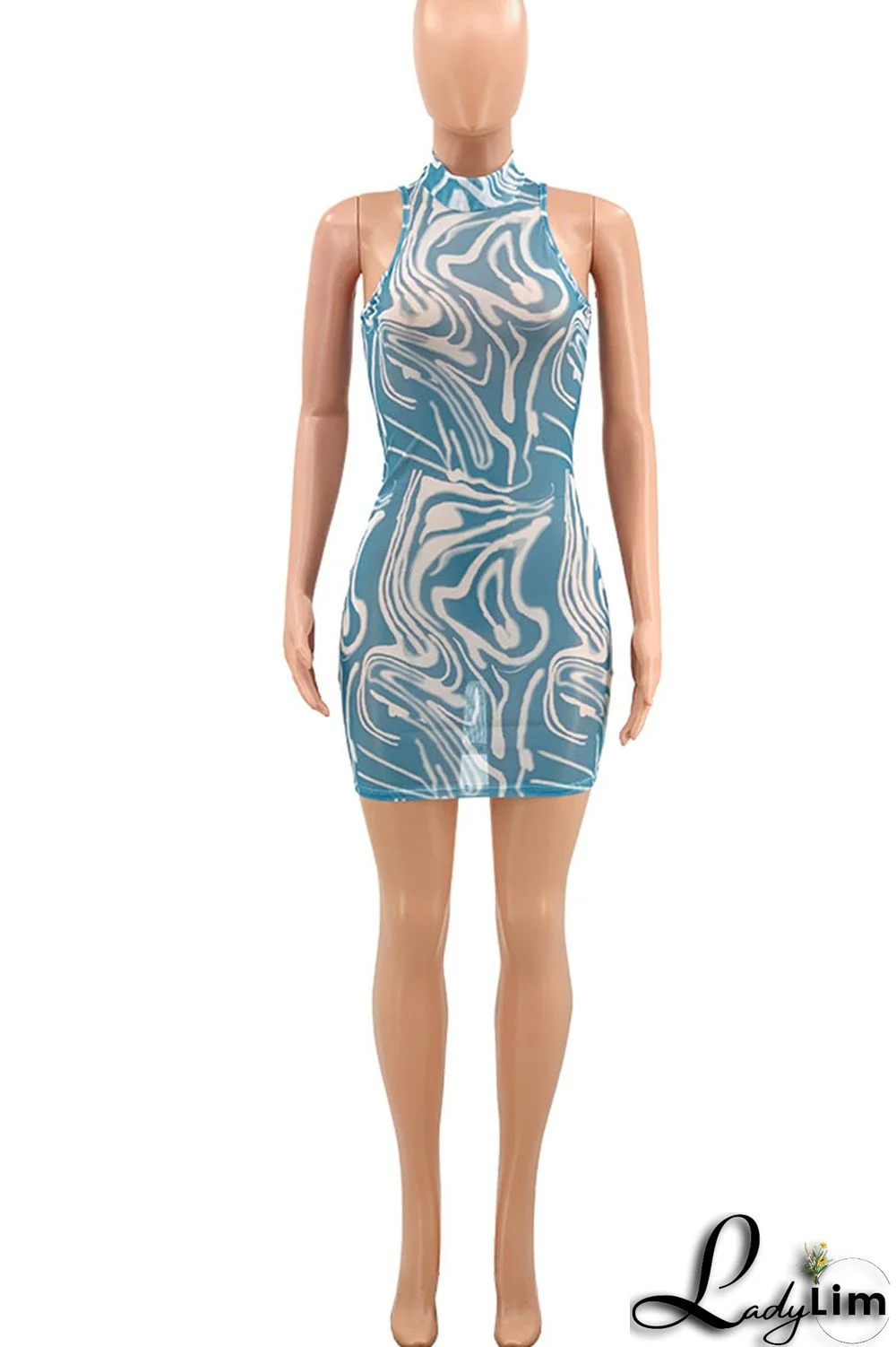 Sky Blue Sexy Print Patchwork Half A Turtleneck Pencil Skirt Dresses