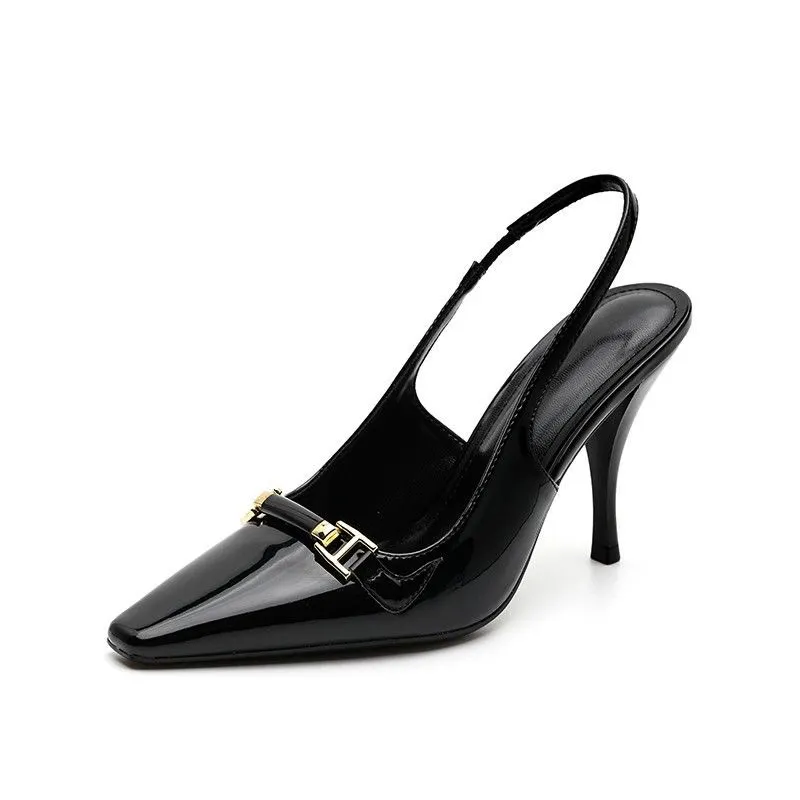 Breakj Breakj Spring And Summer New Black Patent Leather French High Heel Women's Fine Heel Single-Shoe Temperament Niche Pointed Sandals