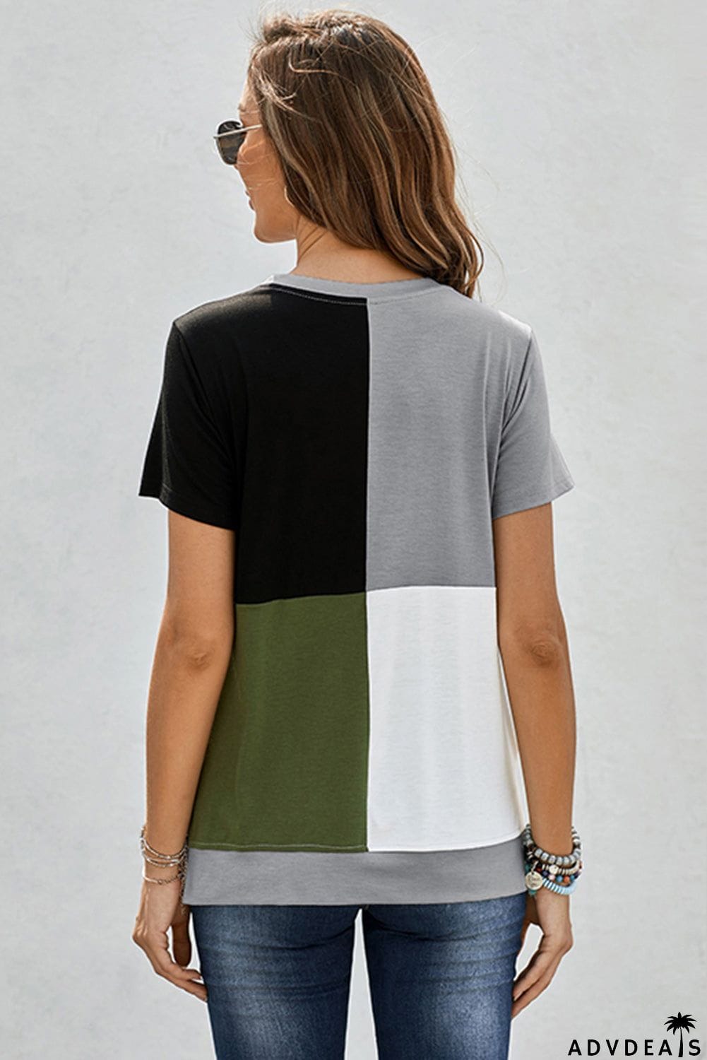 Women's Casual Army Green Colorblock Short Sleeve T-shirt with Slits
