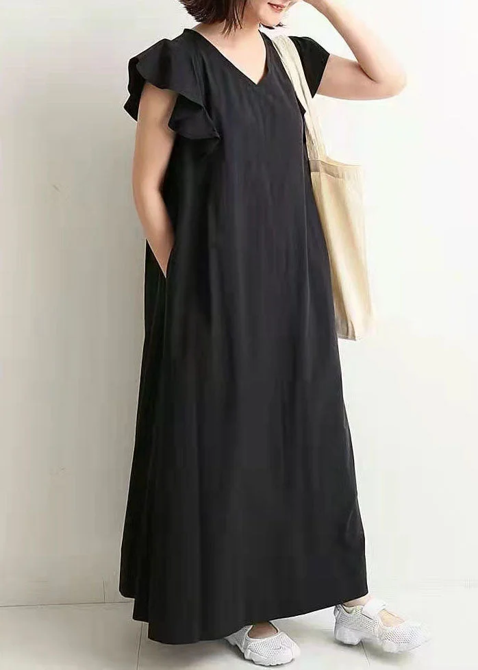 Elegant Black V Neck Patchwork Ruffled Cotton Maxi Dresses Summer