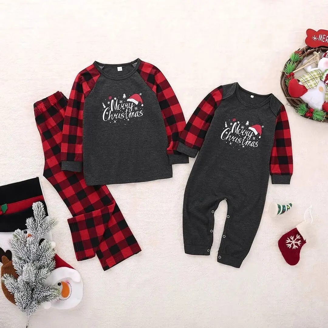 Christmas Hat Print and Buffalo Plaid Family Matching Pajamas Sets