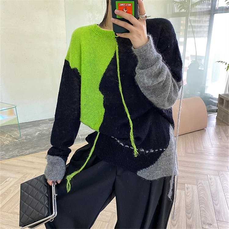 Loose Mohair Sweater Women Fall Korean Style O-neck Hit Color Long Sleeve Pullovers Female Fashion Casual Soft Lady Jumpers Tops - BlackFridayBuys