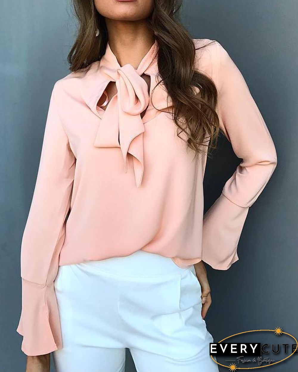 Stylish Solid Tie Neck Flared Sleeve Blouse P15682