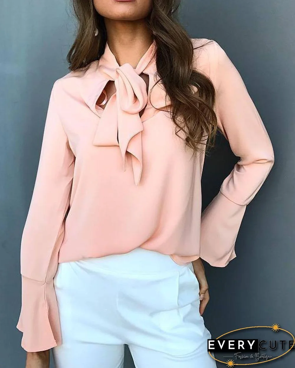 Stylish Solid Tie Neck Flared Sleeve Blouse P15682