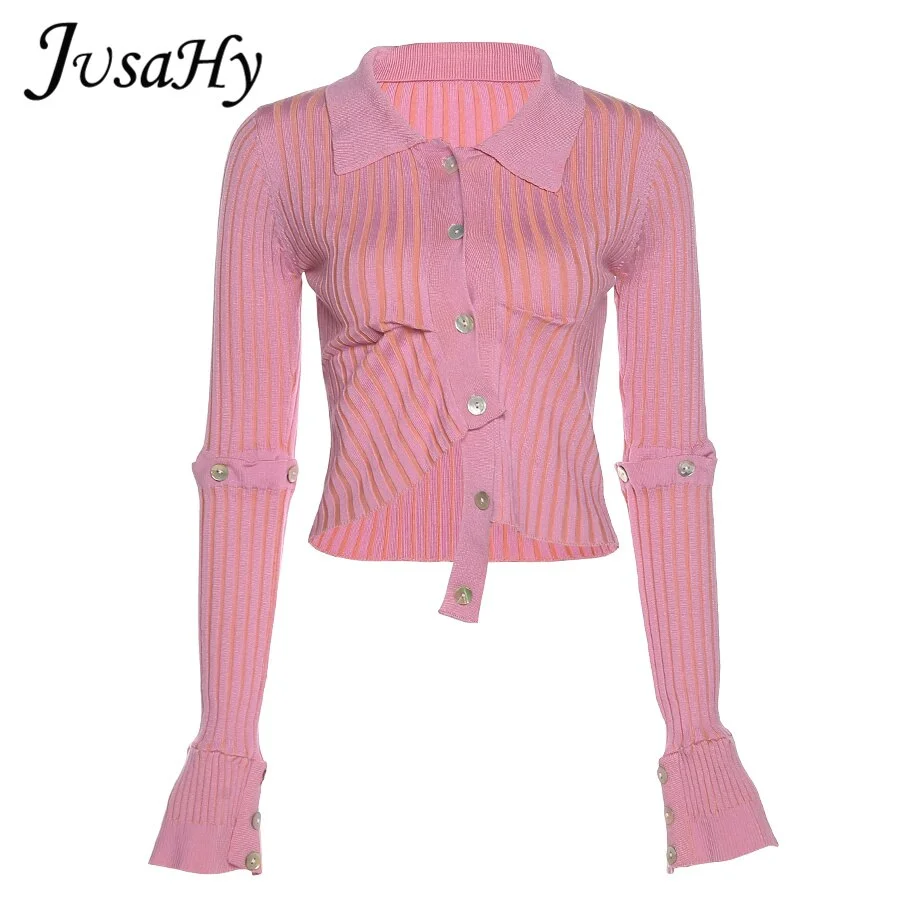 JuSaHy Fairy Knitted Single Breasted Crop Top for Women Fashion Long Sleeves Turn-Down Collar Slim Stretchy Casual Streetwear