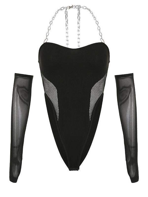 Sexy Halter Grid Sleeveless Chain-trimmed Plunging Neck See Through Knitted Top