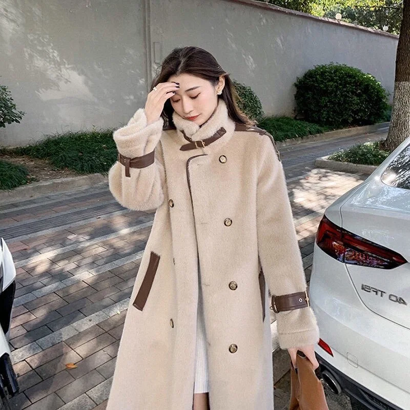 Medium And Long Imitation Mink Double Row Button Temperament Wool Coat Women's 2020 Winter New Korean Loose And Versatile Coat