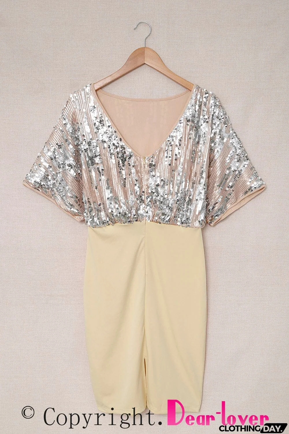 Apricot Sequin Batwing Top Midi Dress