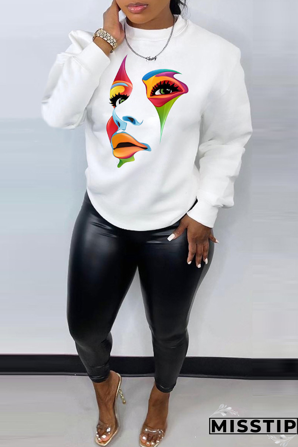 White Casual Street Print Patchwork O Neck Tops