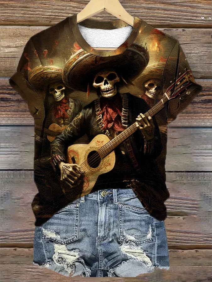 Women's Halloween Hip Hop Skull Print T-Shirt