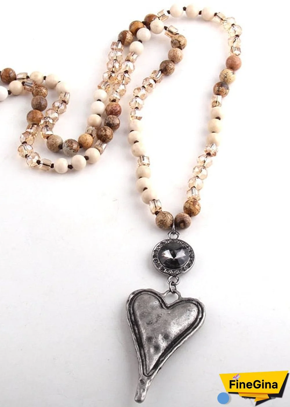 Boho Necklace, RH Amazonite Jasper, Heart Brown Natural Stone