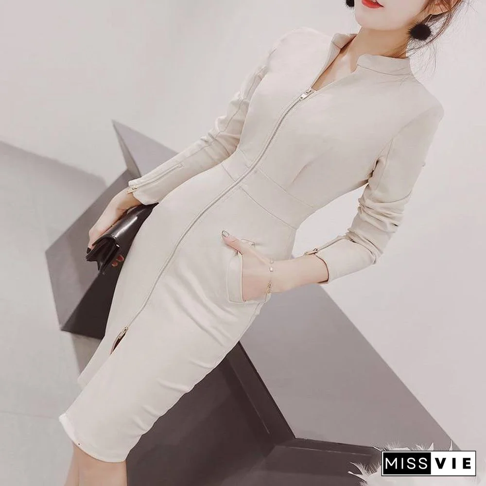 New Autumn Woman Clothes Elegant Dress Zipper Long Sleeve Solid Color Stand-up collar Dresses Fashion Fall Women Clothing