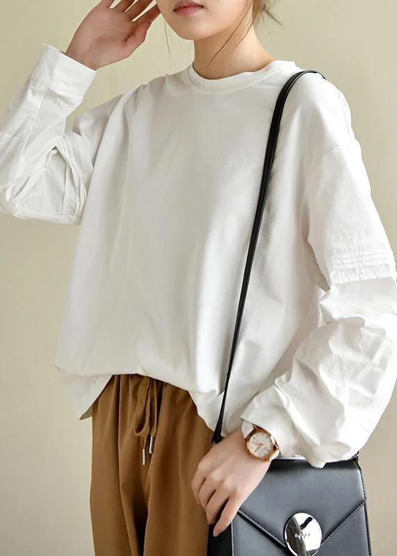 Vintage PatchworkWhite Long Sleeve Tops Cotton