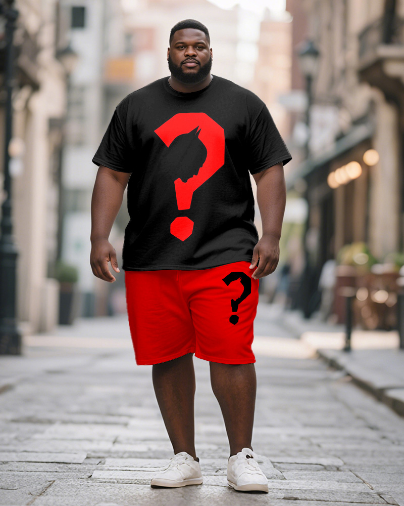 Men's Plus Size Black Red Question Mark Printed Short Sleeve T-shirt Shorts Suit
