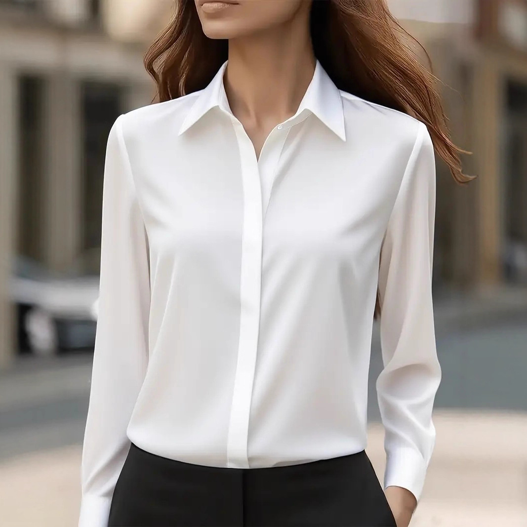 Satin Button-Down Long Sleeve Blouse