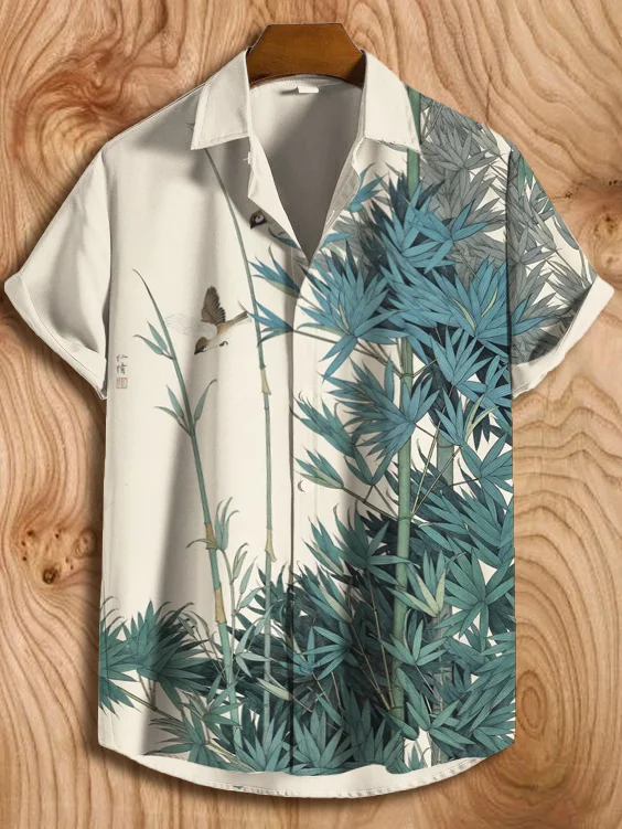 Men's Bamboo Butterfly Art Print Button Down Short Sleeve Shirt