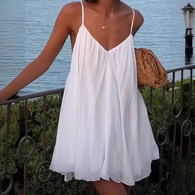 Holiday Style Loose White V-neck Halter Dress