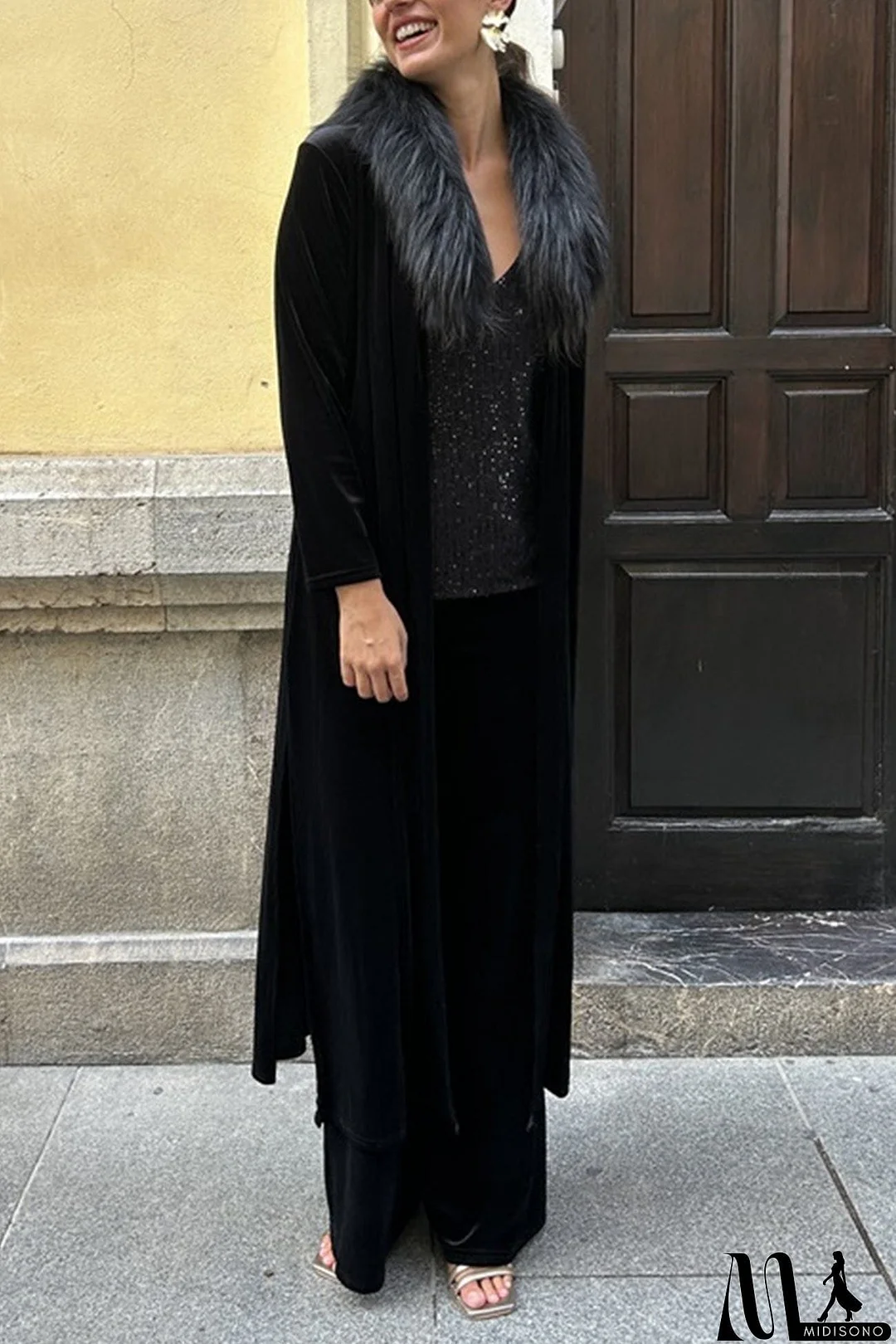 MidiSono - Velvet Slit Long Cardigan Two-piece Pants Suits