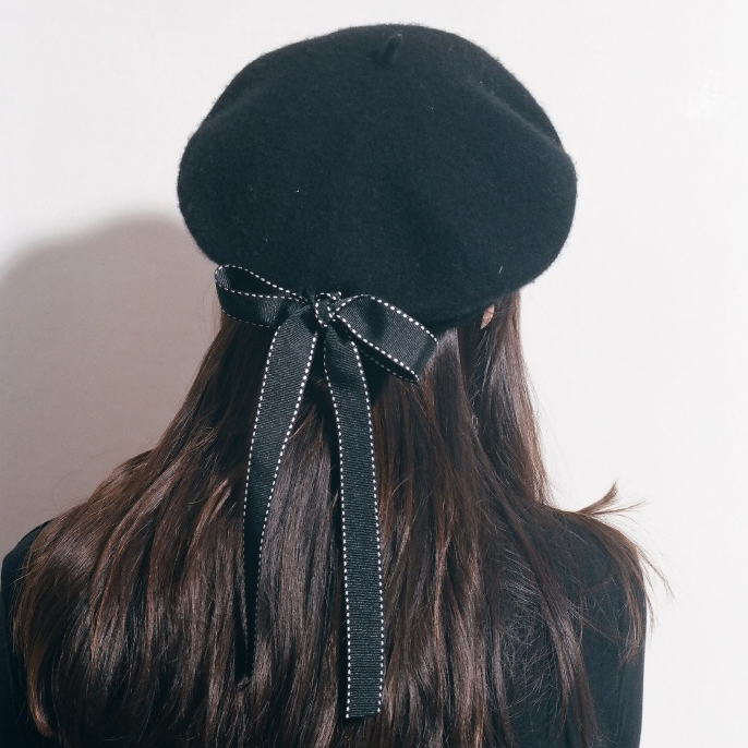 Black Harajuku Beret Hat With Bowknot SP178862