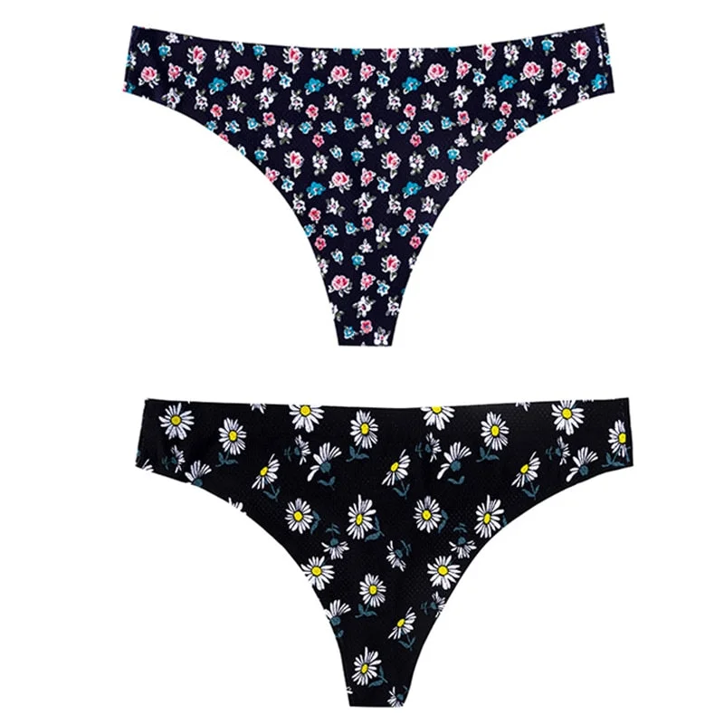 CINOON 2pcs Sexy Flowers Lingerie Woman Knickers Low-waist Panties Thong Seamless Breathable Underwear Female G String Intimates