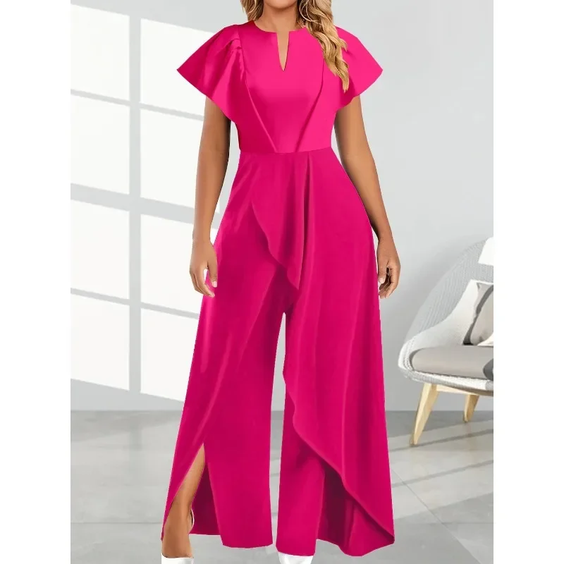 Nigikala Women's Fashion Elegant Jumpsuit Wide Leg Pants Solid Color V-neck Short Sleeved Irregular Wide Leg Pants Jumpsuit