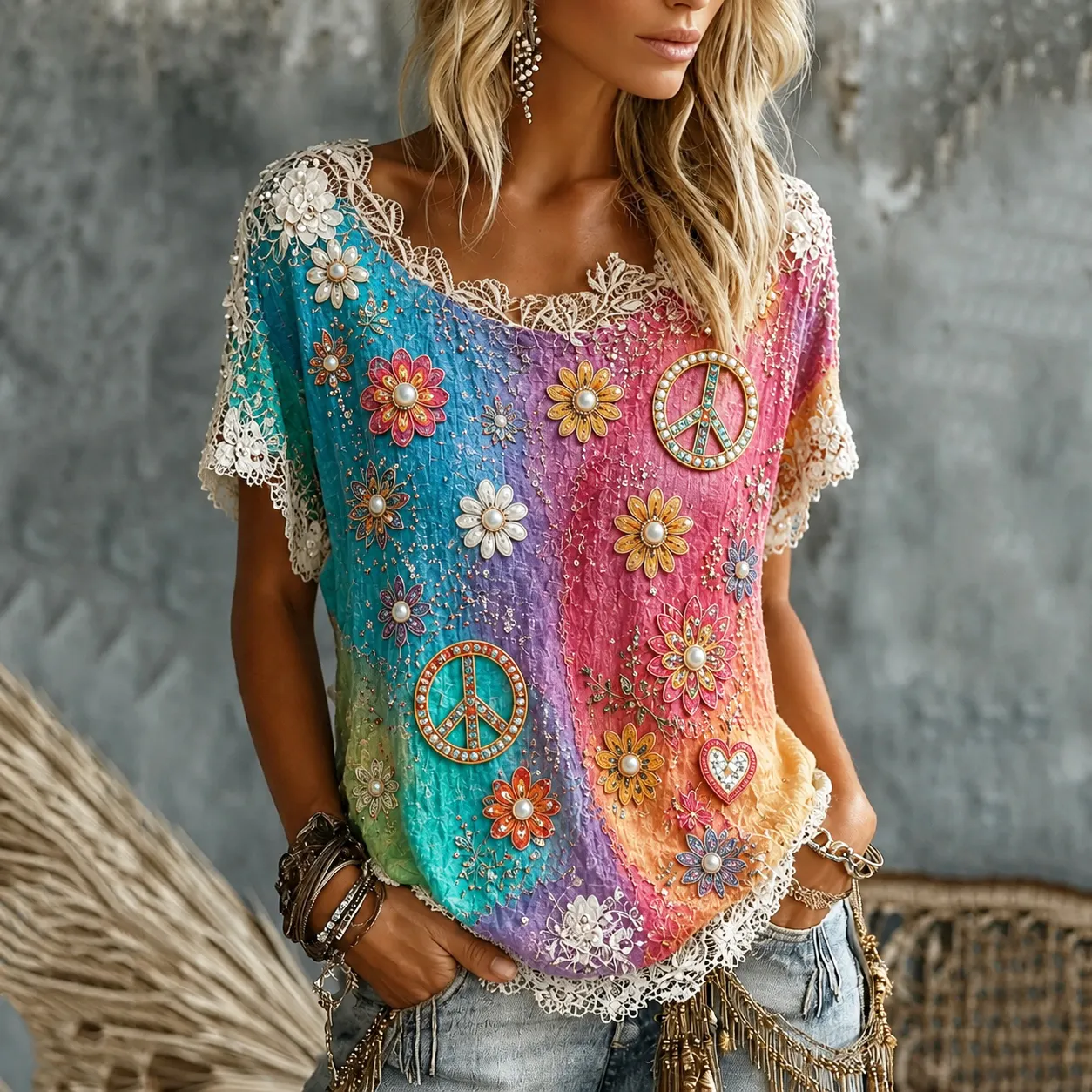 Comstylish Women's Pearl Floral Peace Sign Tie Dye Art Print Casual T-shirt