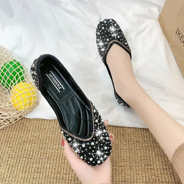 Lourdasprec Glitter crystal pearl studs ballet shoes women square toe slip on loafers cozy shallow cut-out ballerina flats moccasins female