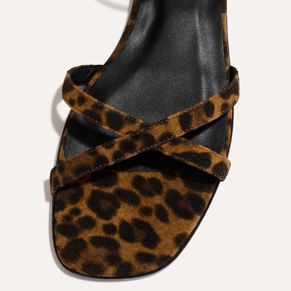 Leopard Print Open Square Toe Strappy Flat Sandals for Women