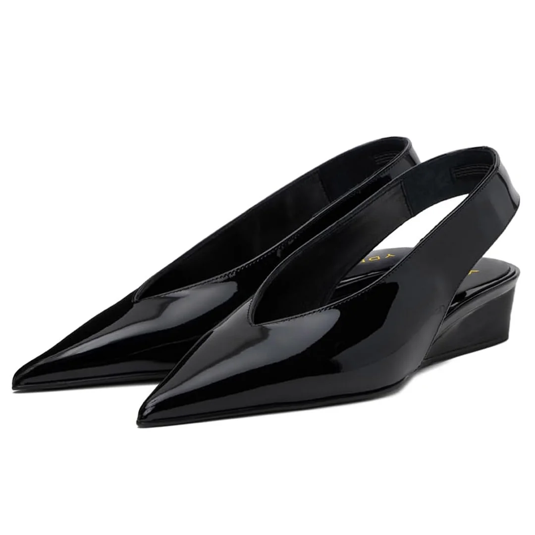 Black Patent Leather Pointed Toe Wedge Heel Slingback Pumps Shoes