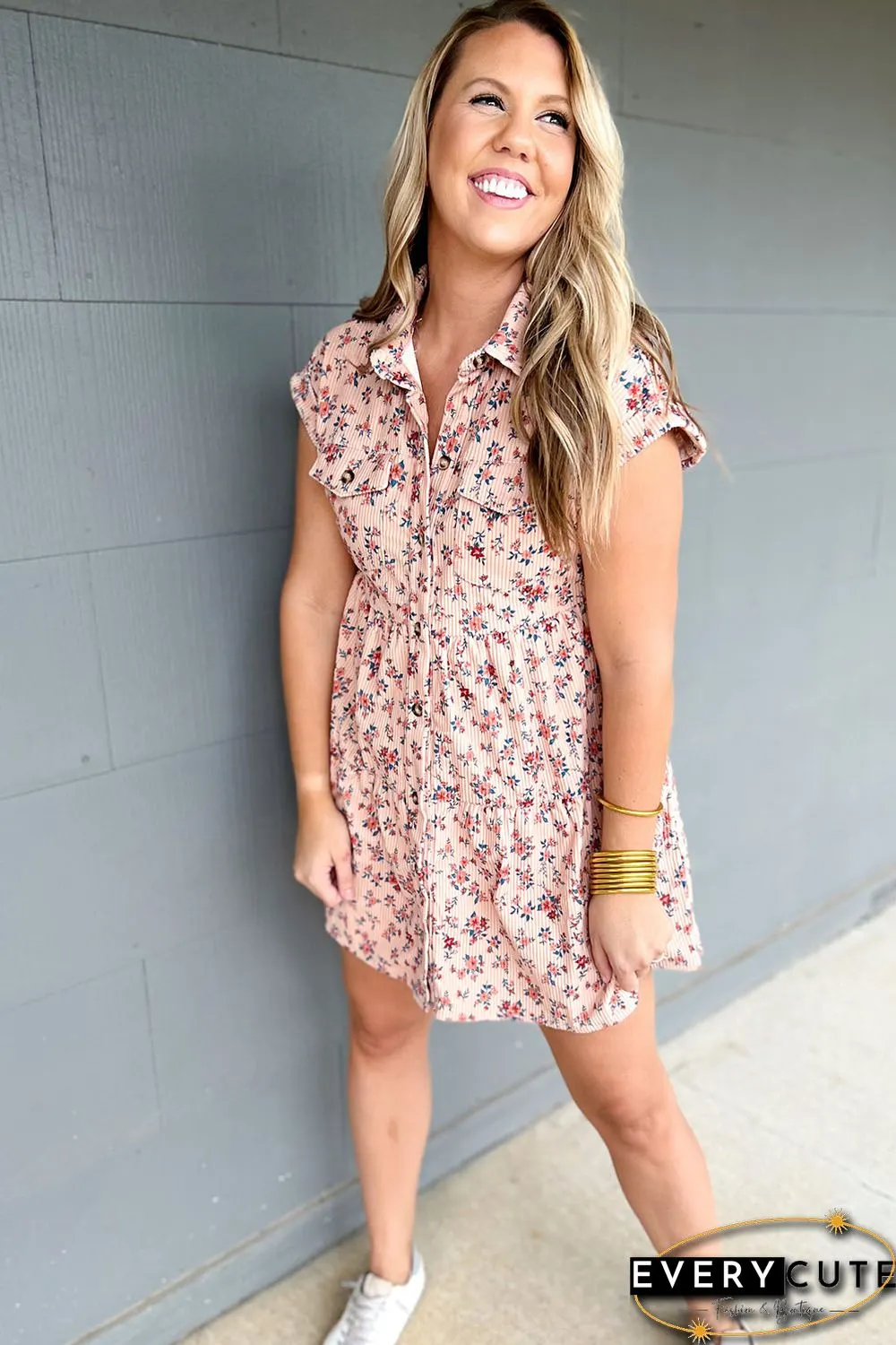 Pink Short Sleeve Flap Pockets Shirt Floral Dress